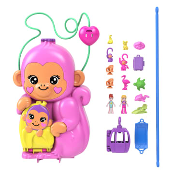 Conjunto De Juego Mamá Mono Y Bebé De Polly Pocket Con 2 Muñequitas, Mascotas Y 13 Accesorios, Bolso Y Juguete 2 En 1