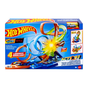 Conjunto De Pista Colisión De 4 Loopings De Hot Wheels Con Propulsor Motorizado Y Coche De Juguete A Escala 1:64