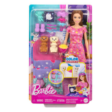 Conjunto De Juego Barbie Y Cachorro Fiesta De Pijamas Con 2 Figuras De Perrito De Juguete Y Más De 10 Accesorios, Cambio De Color