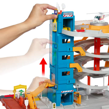 Centro De Transporte De Action Drivers De Matchbox Con Un Taxi, Un Barco Y Un Helicóptero A Escala 1:64, Además De Un Accesorio De Vendedor De Comida (3 Vehículos, 1 Accesorio)