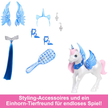 Barbie Einhorn-Spielzeug, Puppe Zum 65. Jubiläum Mit Blauen Haaren, Pinkfarbenem Kleid Und Haustier-Einhorn - Image 5 of 6