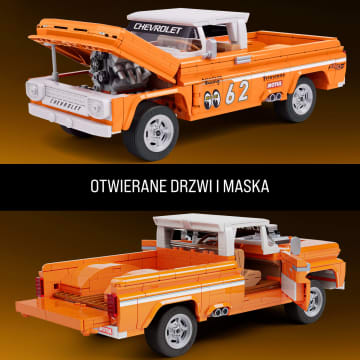 Mattel Brick Shop Klocki Hot Wheels Elite Series Custom ’62 Chevy Pickup Samochód do zbudowania 858 elementów Zabawka Zestaw konstrukcyjny dla kolekcjonerów