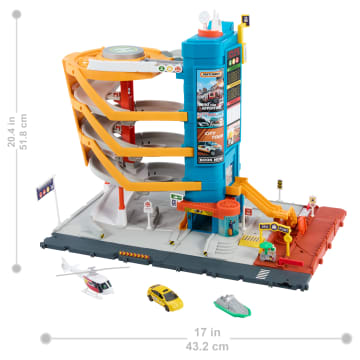 Centro De Transporte De Action Drivers De Matchbox Con Un Taxi, Un Barco Y Un Helicóptero A Escala 1:64, Además De Un Accesorio De Vendedor De Comida (3 Vehículos, 1 Accesorio)