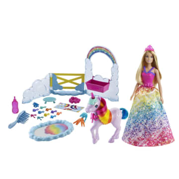 Conjunto De Juego De Barbie Dreamtopia Con Muñeca Barbie, Mascota Unicornio Y Orinal Que Cambia De Color