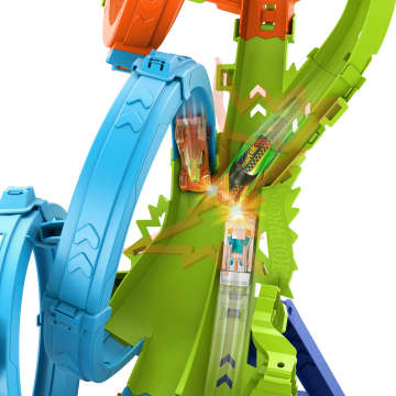 Conjunto De Pista Colisión De 4 Loopings De Hot Wheels Con Propulsor Motorizado Y Coche De Juguete A Escala 1:64