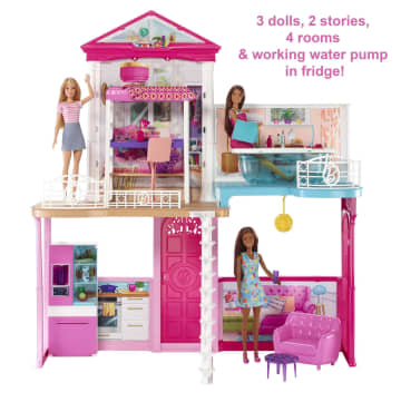 Barbie Dollhouse And Furniture Set With 3 Dolls, Pool And Slide, Refrigerator With Water Feature, Bathtub, Loft Bed, Couch And Accessories