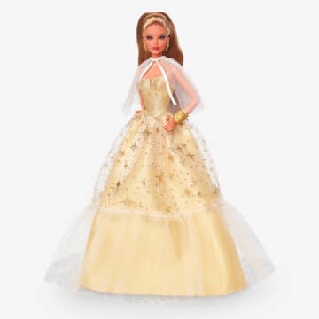 Barbie-Barbie Joyeux Noël 2023-Poupée Robe Dorée Et Cheveux Châtains