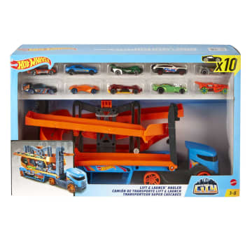 Hot Wheels Lift & Launch Hauler + 10 Cars
