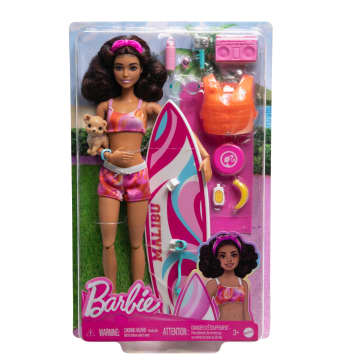 Barbie Pop met surfboard en puppy, beweegbare Barbie strandpop, brunette