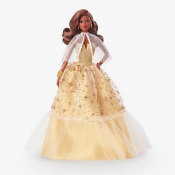 Barbie-Barbie Joyeux Noël 2023-Poupée Robe Dorée Et Cheveux Bruns