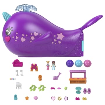 Polly Pocket Avontuur in de Fonkelgrot Narwalavontuur, boot, speelset met 2 micropoppen en 13 accessoires