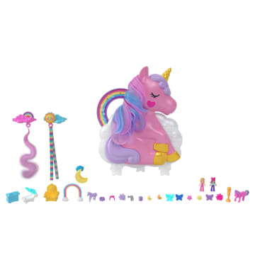 Polly Pocket Jednorożec – Salon Piękności Zestaw Z Głową Jednorożca Do Stylizacji, 2 Mikrolalkami I Ponad 20 Akcesoriami