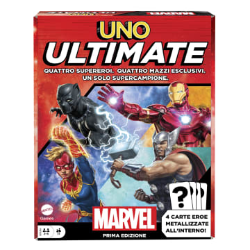 Uno Ultimate Marvel Gioco Di Carte Con 4 Carte Laminate Da Collezione: Black Panther, Captain Marvel, Iron Man E Thor