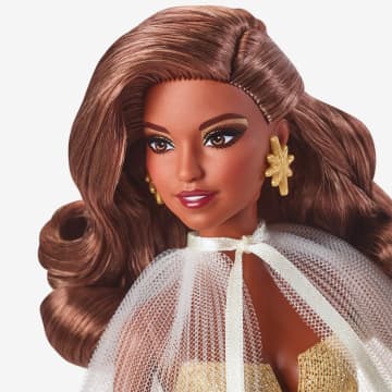 Barbie-Barbie Joyeux Noël 2023-Poupée Robe Dorée Et Cheveux Bruns