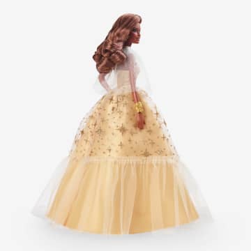 Barbie-Barbie Joyeux Noël 2023-Poupée Robe Dorée Et Cheveux Bruns