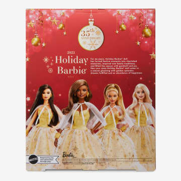 Barbie-Barbie Joyeux Noël 2023-Poupée Robe Dorée Et Cheveux Bruns