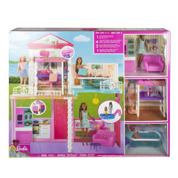 Barbie Dollhouse And Furniture Set With 3 Dolls, Pool And Slide, Refrigerator With Water Feature, Bathtub, Loft Bed, Couch And Accessories