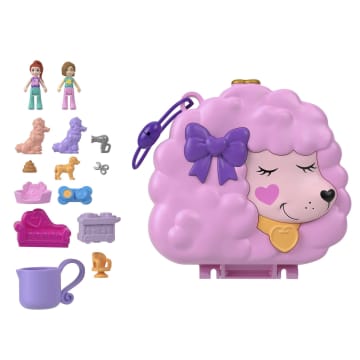 Polly Pocket Compacte speelset Poedels verzorgen en vertroetelen, met 2 micropoppen, 12 accessoires en 5 functies