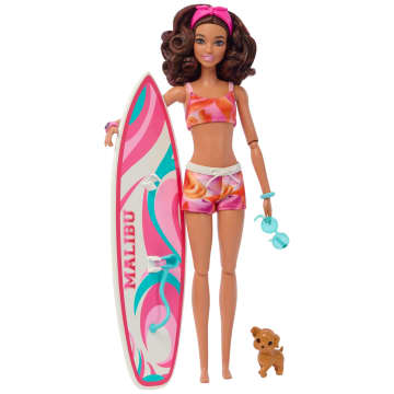 Barbie Pop met surfboard en puppy, beweegbare Barbie strandpop, brunette