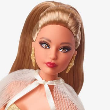Barbie-Barbie Joyeux Noël 2023-Poupée Robe Dorée Et Cheveux Châtains