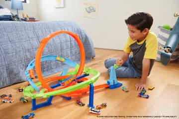 Hot Wheels Action Loop Cyclone Challenge Track Set With 1:64 Scale Toy Car, Easy Storage