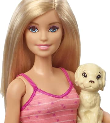 Barbie Doll, Blonde, And Playset With 3 Puppies, Bathtub And Accessories