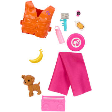 Barbie Pop met surfboard en puppy, beweegbare Barbie strandpop, brunette