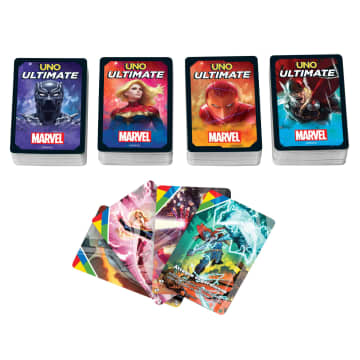 Uno Ultimate Marvel Gioco Di Carte Con 4 Carte Laminate Da Collezione: Black Panther, Captain Marvel, Iron Man E Thor
