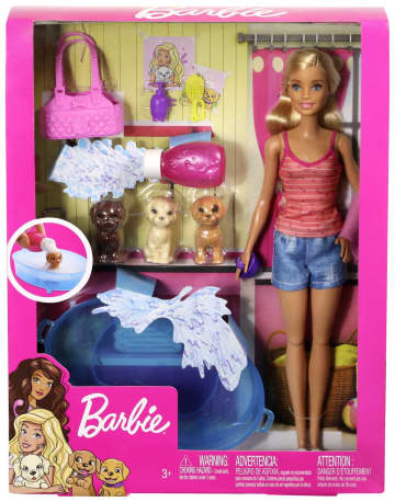 Barbie Doll, Blonde, And Playset With 3 Puppies, Bathtub And Accessories