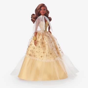 Barbie-Barbie Joyeux Noël 2023-Poupée Robe Dorée Et Cheveux Bruns