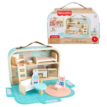 Fisher-Price Wooden Carry Along Dollhouse Portable Playset For Preschool Kids, 15 Pieces