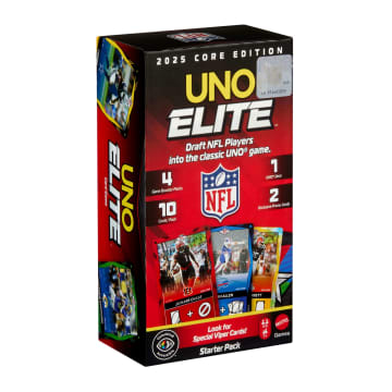 UNO Elite NFL Card Game 2025 Core Edition Starter Set With Deck, 4 Game Booster Packs & 2 Promo Cards