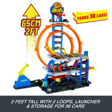 Hot Wheels MEGA Loop Garage Playset With 1 Die-Cast Toy Car & 1 Toy Helicopter in 1:64 Scale