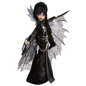 Monster High Elvira Collector Doll in Black Faux Leather Dress With Silvery Cape And Accessories - Image 6 of 6
