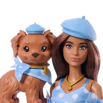 Barbie Twinning Looks Bambola Con Cane Vestiti A Righe Rosse - Accessori Abbinati, Capelli Neri Ondulati