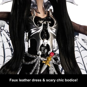 Monster High Elvira Collector Doll in Black Faux Leather Dress With Silvery Cape And Accessories - Image 2 of 6