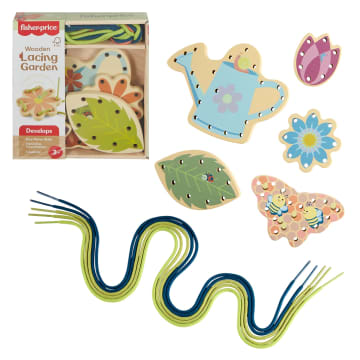 Fisher-Price Tiny Garden Wooden Lacing Activity Toy For Kids, 5 Wood Cards & 5 Laces