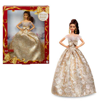 barbie fashionistas barbie doll gold dress Barbie Holiday Doll Red and Gold Dress Brunette – Square Imports main image 1