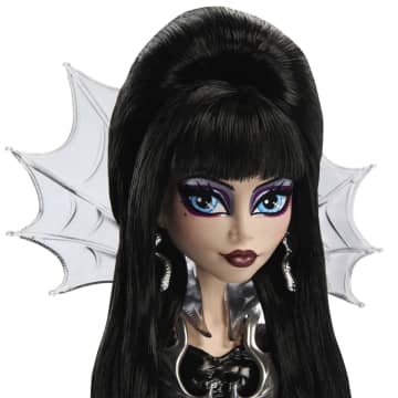 Monster High Elvira Collector Doll in Black Faux Leather Dress With Silvery Cape And Accessories