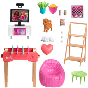 Barbie World Game Room Set With 19 Dollhouse Accessories Including Furniture, Foosball Table & Pets