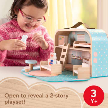 Fisher-Price Wooden Carry Along Dollhouse Portable Playset For Preschool Kids, 15 Pieces - Image 2 of 6