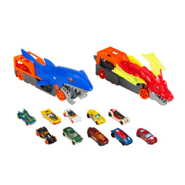 Hot Wheels City Battling Creature Transports Vehicle & 10 Die-Cast Toy Cars