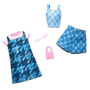 Barbie Fashion 2-Pack, Blue Denim Dress, Top, And Shorts, Pink Sunglasses And Purse