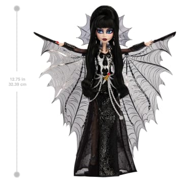 Monster High Elvira Collector Doll in Black Faux Leather Dress With Silvery Cape And Accessories - Image 4 of 6