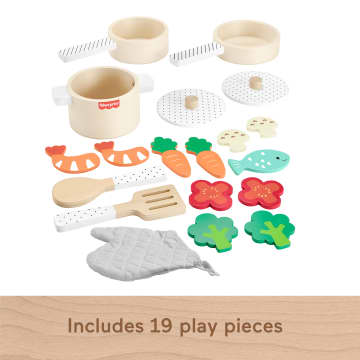 Fisher-Price Wooden Pots & Pans Set For Preschool Kitchen Pretend Play, 19 Wood Pieces - Image 5 of 6