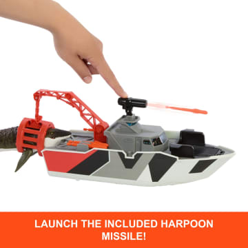 Matchbox Jurassic World Mosasaurus Rescue Action Boat Playset With Ship, Dino, Toy Car & Missiles - Imagem 2 de 6