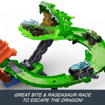 Hot Wheels Monster Trucks Sharks vs Dinos Dragon Destruction Playset & 2 Toy Trucks