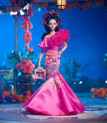 2023 Día De Muertos Barbie Doll Wearing Ruffled Pink Gown And Holding Tiny Ofrenda, Barbie Signature