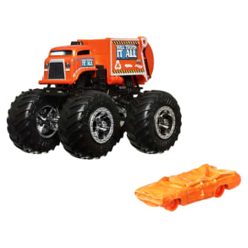Hot Wheels Monster Trucks Vehículo de Juguete Camión Will Trash It All + Station Wagon Naranja