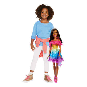 Barbie Large Doll, Dark Brown Hair, 28 Inches Tall With Rainbow Dress & Accessories Like Shooting Star Handbag